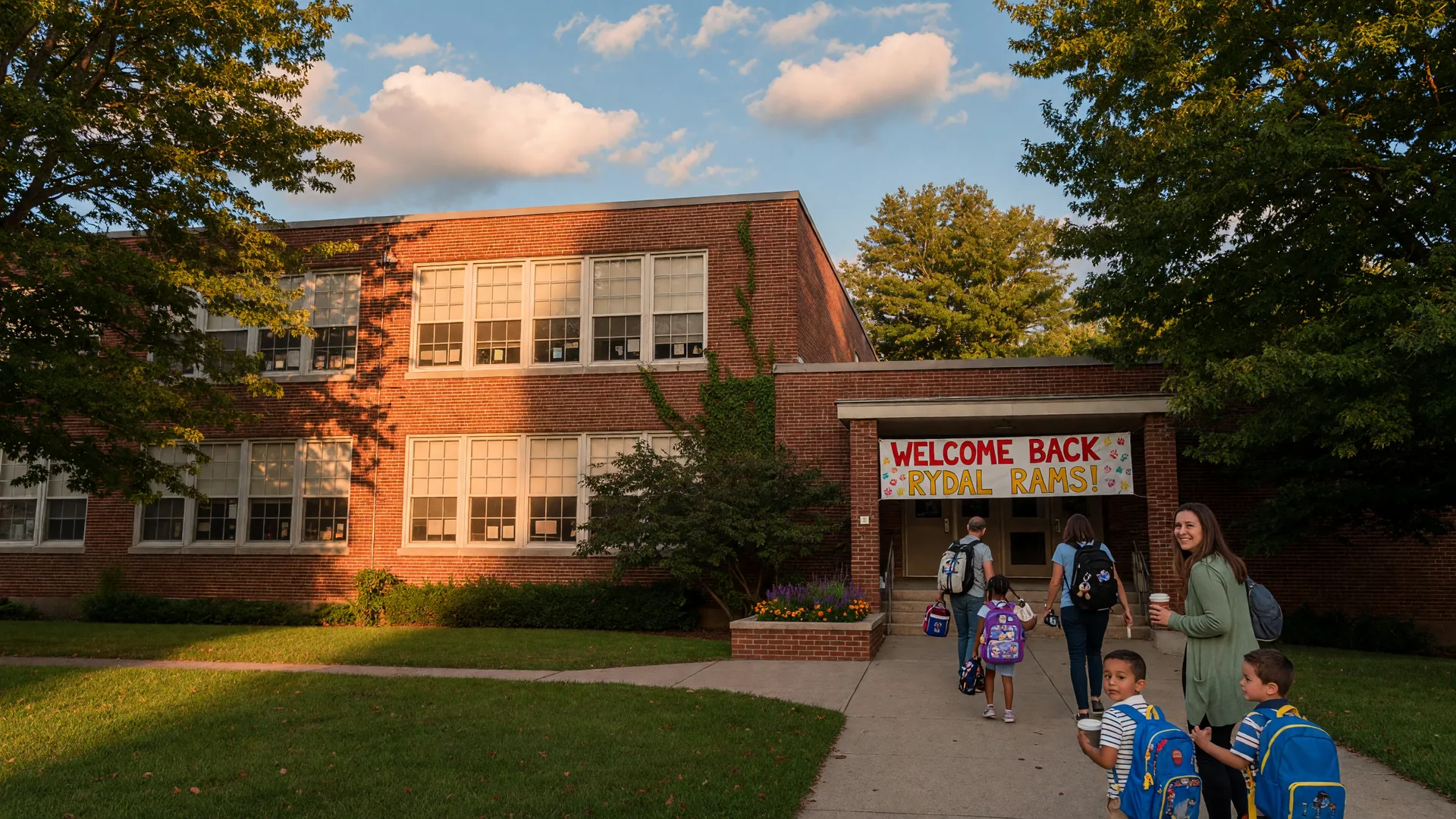 Rydal Elementary School in Abington Township on a late-summer morning, with red brick facade, families arriving with backpacks, and mature oak trees casting shadows across the lawn