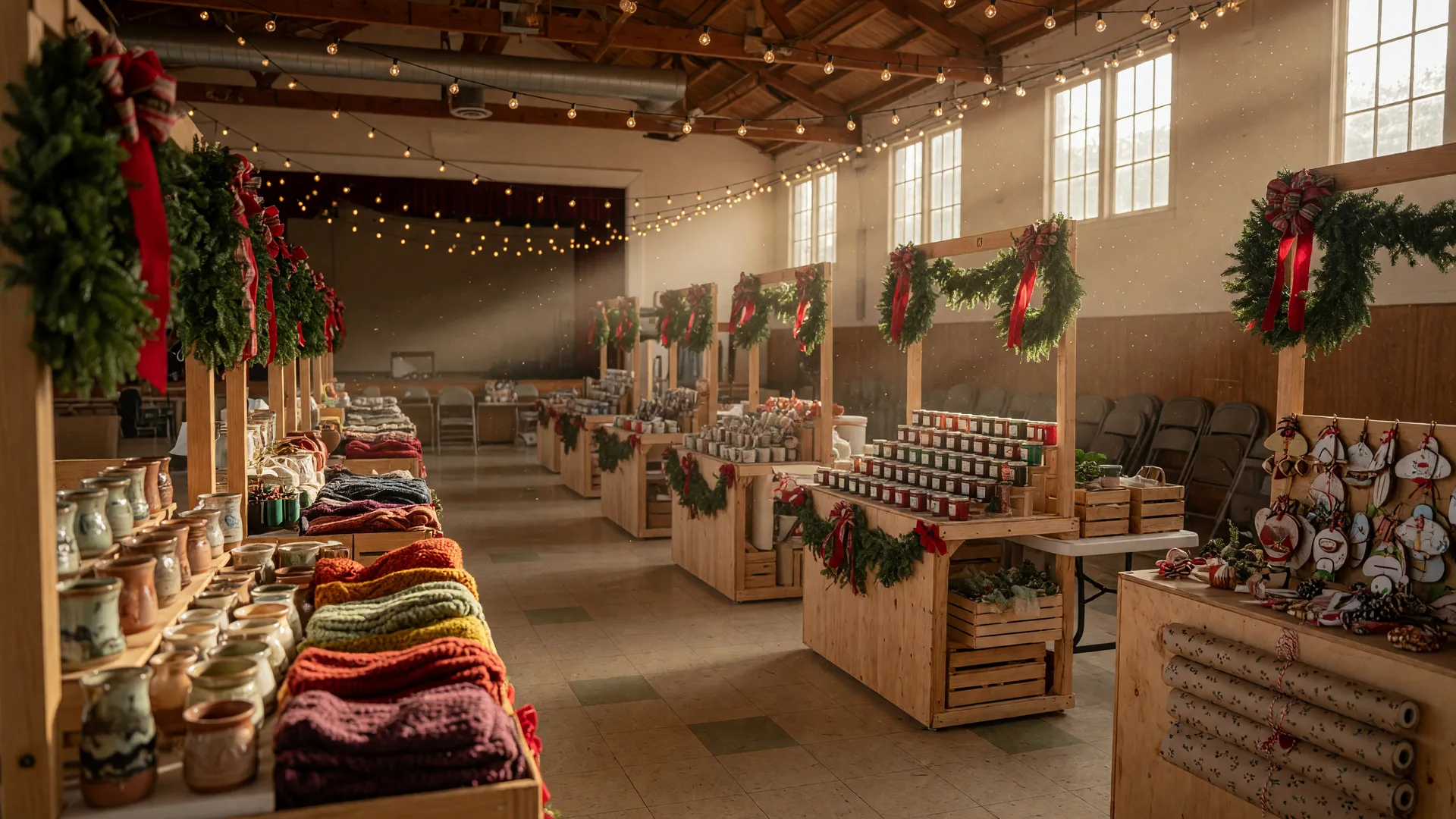 A warm holiday craft bazaar inside a community hall with vendor booths and string lights