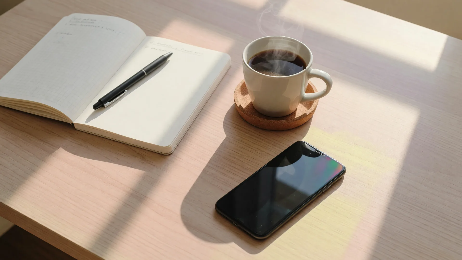 Clean workspace desk with notebook and coffee