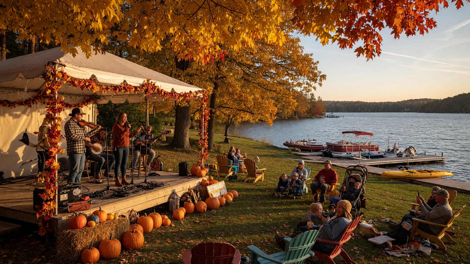 Autumn festival on Lake Norman with live music stage under golden fall foliage