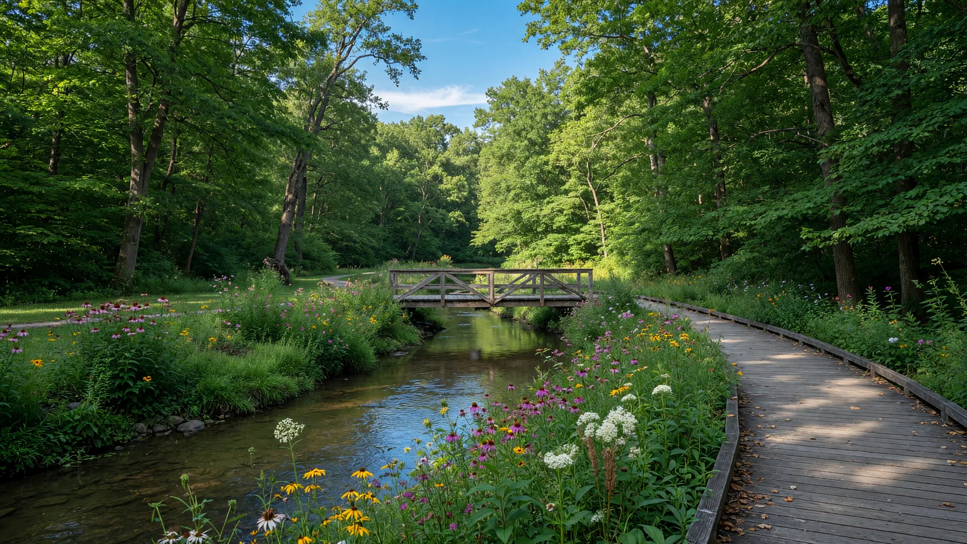 A boardwalk trail and wooden footbridge winding along a wooded creek in a Gahanna Ohio park