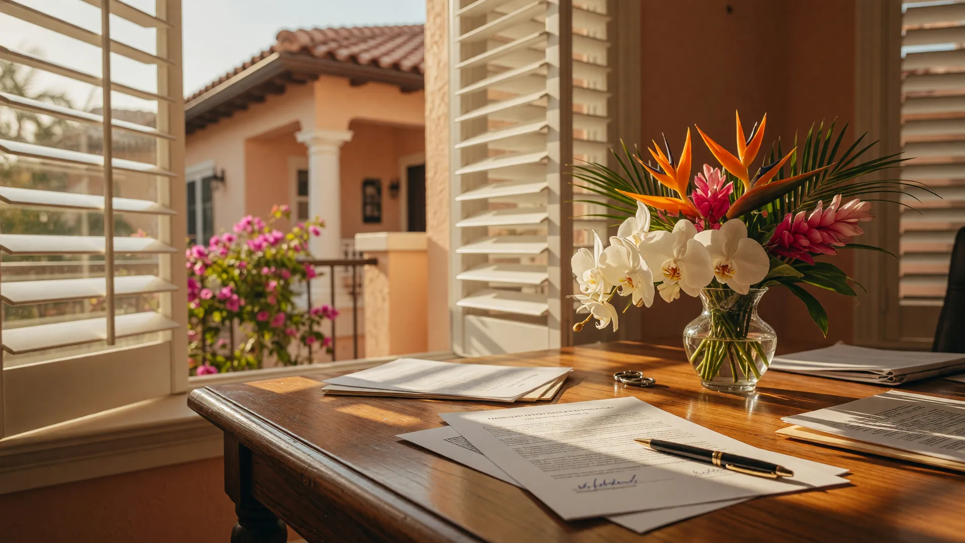 A real estate closing table with a signed contract, pen, and tropical floral arrangement in warm golden afternoon light in a Sarasota office with plantation shutters