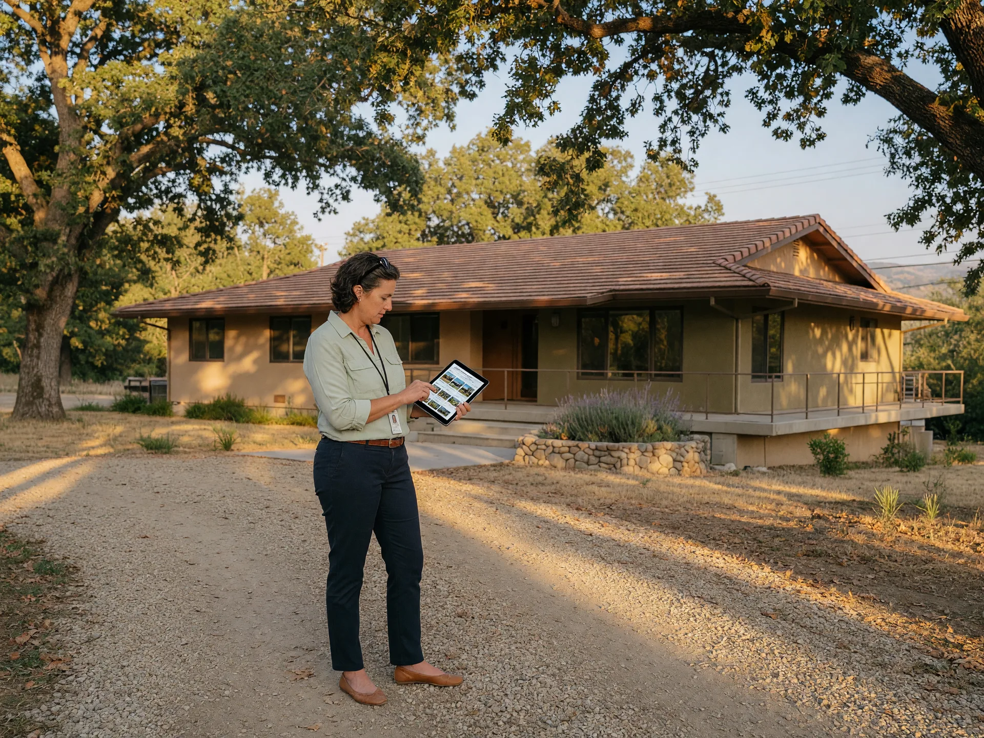 Real estate professional reviewing market comparable data on a tablet in the driveway of a California ranch home in Merced County under late afternoon light through oak trees