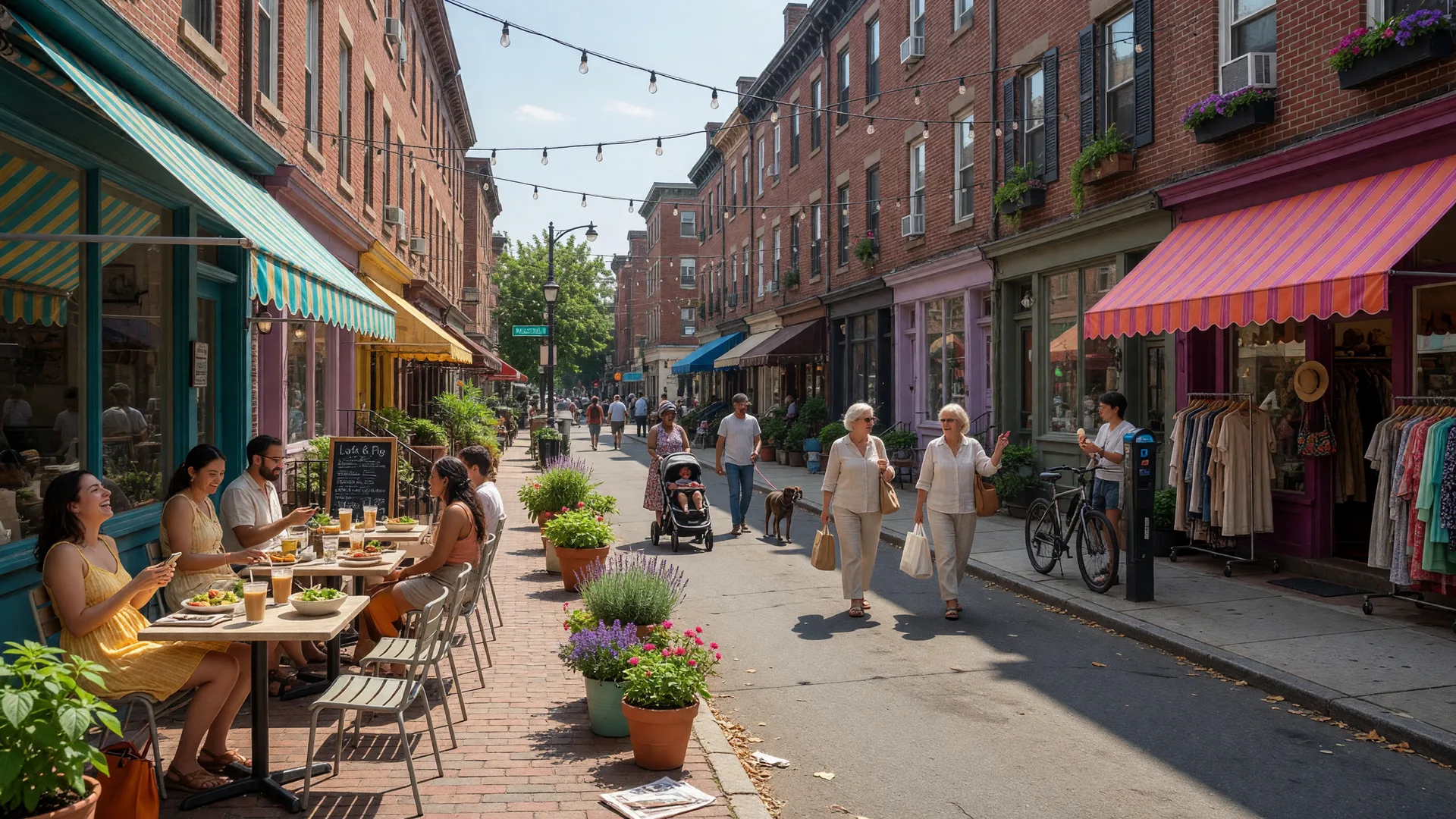 Vibrant street scene in Graduate Hospital Philadelphia with outdoor sidewalk cafe, boutique shops, and pedestrians on a sunny afternoon