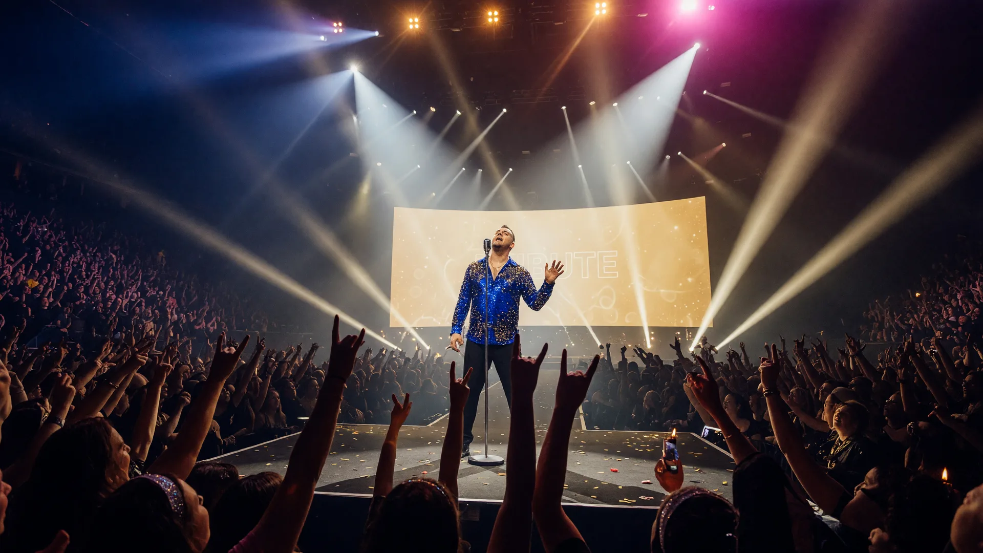 A lone performer in a sparkling sequined shirt on a vast arena stage under white and gold spotlights with a silhouetted crowd
