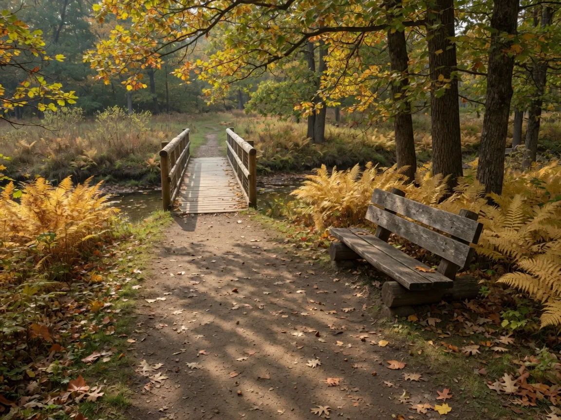 Peaceful late-September woodland trail with golden ferns, early-turning leaves, and a small footbridge in a southern Ontario conservation area