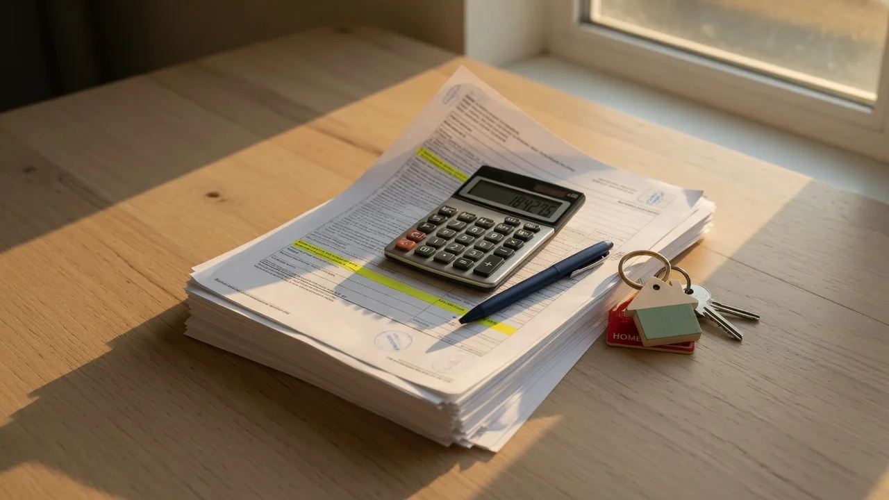 A stack of mortgage documents with a calculator and a pen beside a folded page, illustrating the paperwork and premiums tied to mortgage insurance.