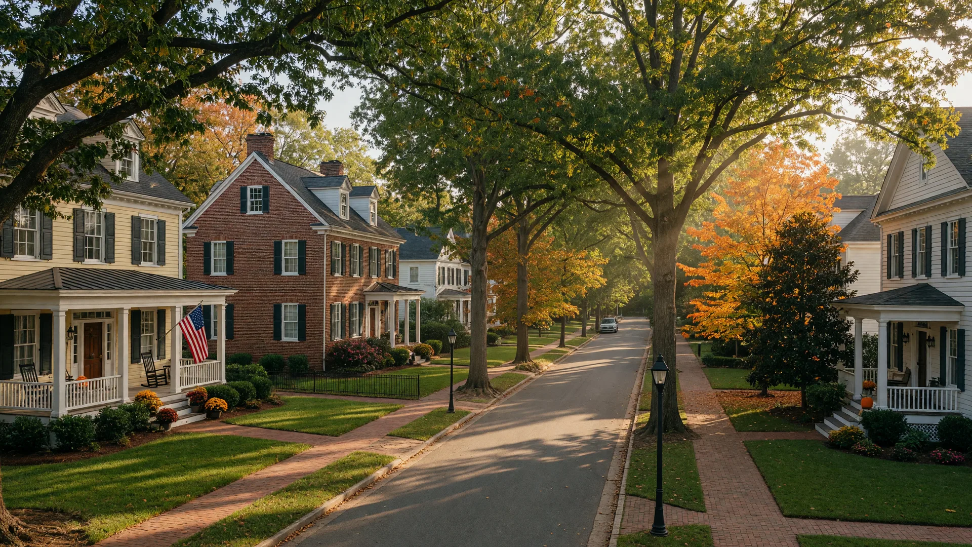 Colonial Revival and traditional homes in a tree-lined Williamsburg Virginia neighborhood with autumn foliage
