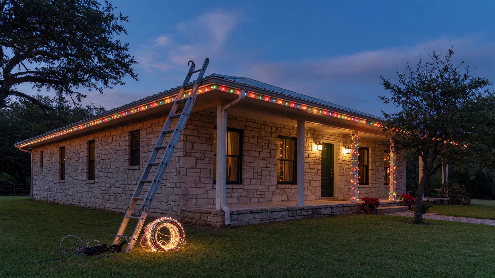 Holiday light installation in San Antonio: a Texas Hill Country limestone home at dusk with warm and multicolor LED light strings draped along the roofline and gutter, a ladder at the eave and a coil of lights at its base, live oaks in the evening light