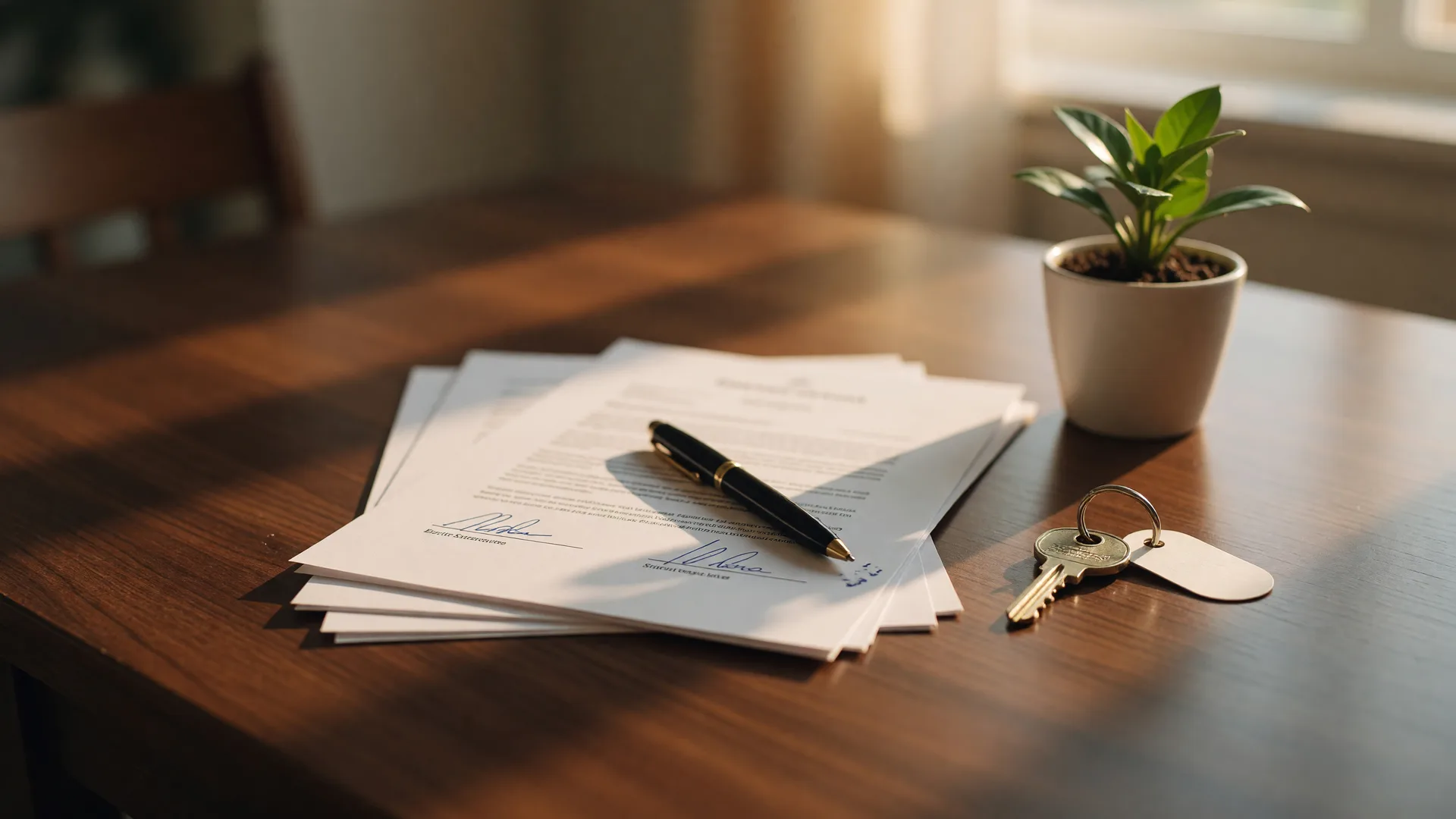 A real estate closing table with signed documents, a pen, and a brass house key, ready for a CSRA homebuyer's closing day