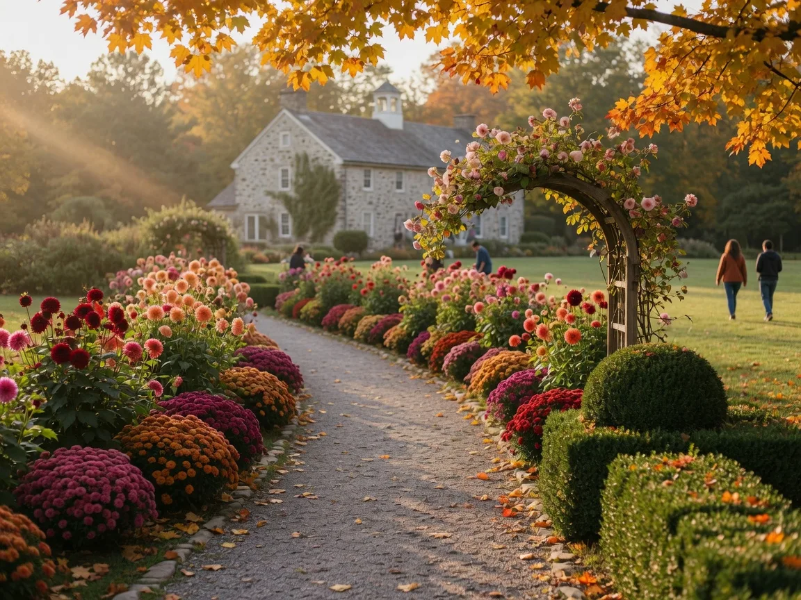 Gravel paths curving through the free gardens of PHS Meadowbrook Farm on a golden early-October afternoon, grand dahlia and mum borders leading toward the historic stone estate house under sugar maples turning gold