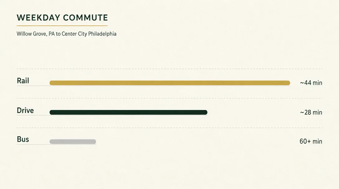 Bar chart graphic comparing weekday commute times from Willow Grove to Center City Philadelphia by train, car, and bus