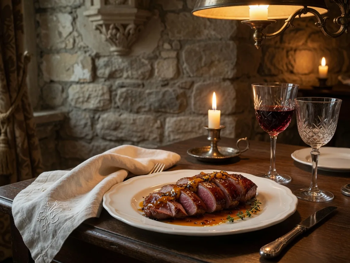 An elegant candlelit dinner table in a historic mansion restaurant with a sliced duck breast glazed in orange sauce, linen, and crystal wine glasses