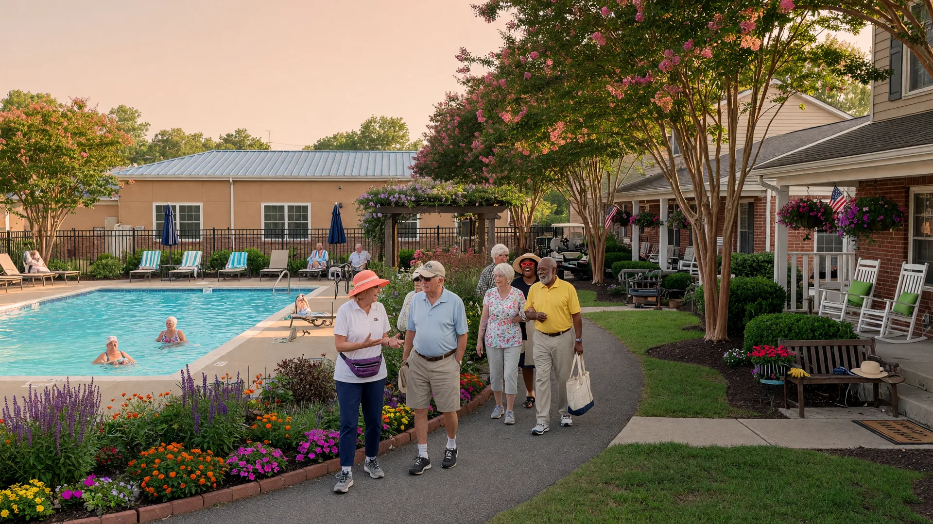 55+ retirement community in Montgomery County, Maryland with residents walking along a landscaped path near a community center and pool