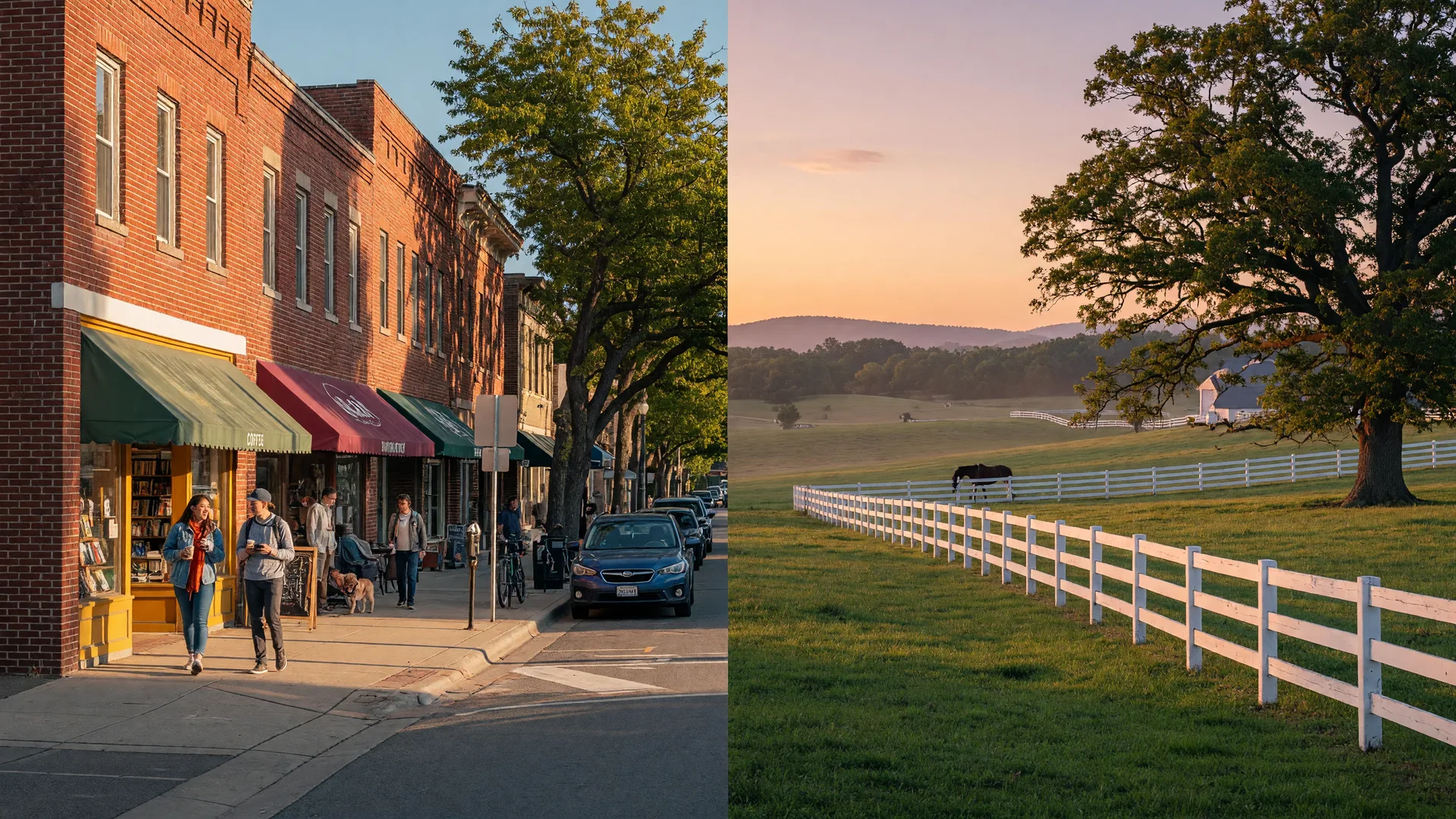 A split view: a lively brick-street downtown on the left and rolling bluegrass horse country with white fences on the right