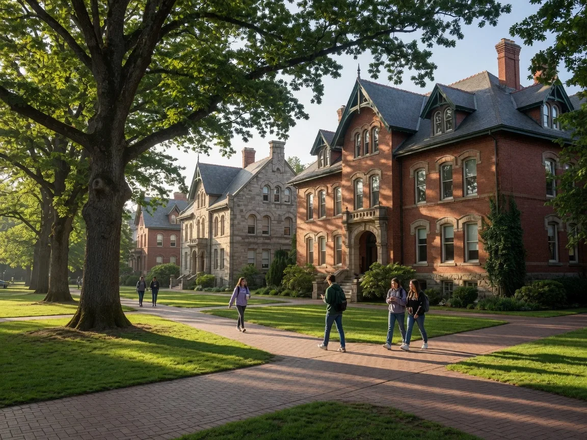 Pacific University's historic Forest Grove campus with Victorian-era brick and stone buildings around a tree-lined quad