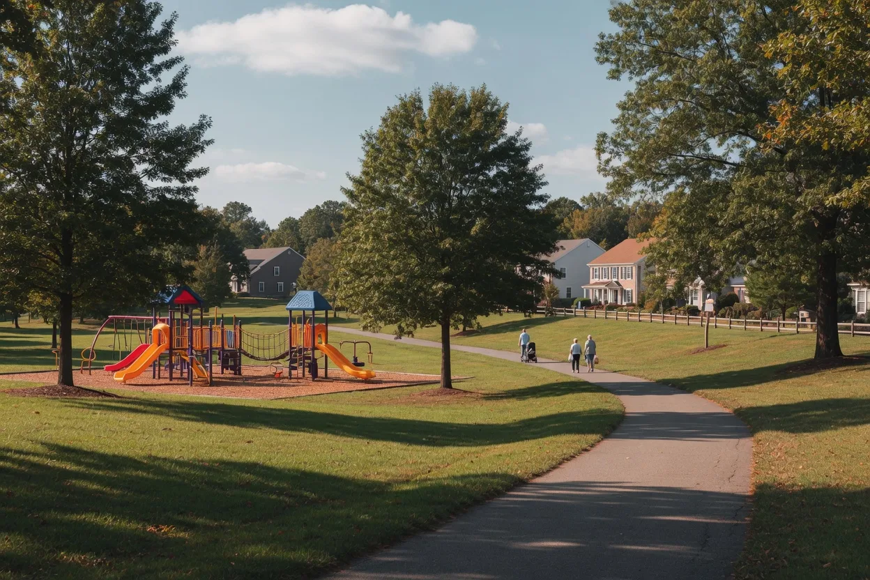 Bright daylight view of a park and green space in Chevy Chase, Maryland