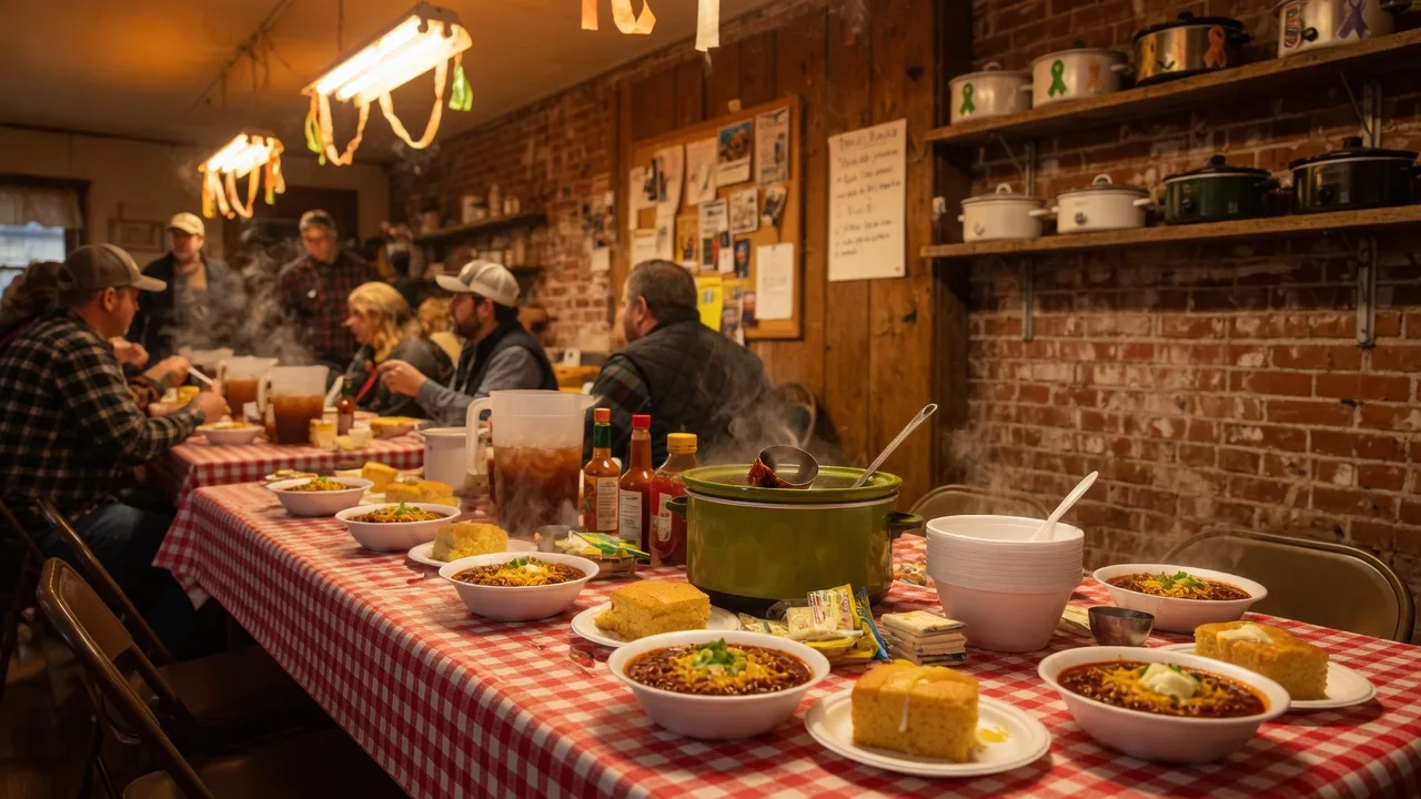Warm community chili supper hall with long checkered tables, crock pots, and bowls of chili