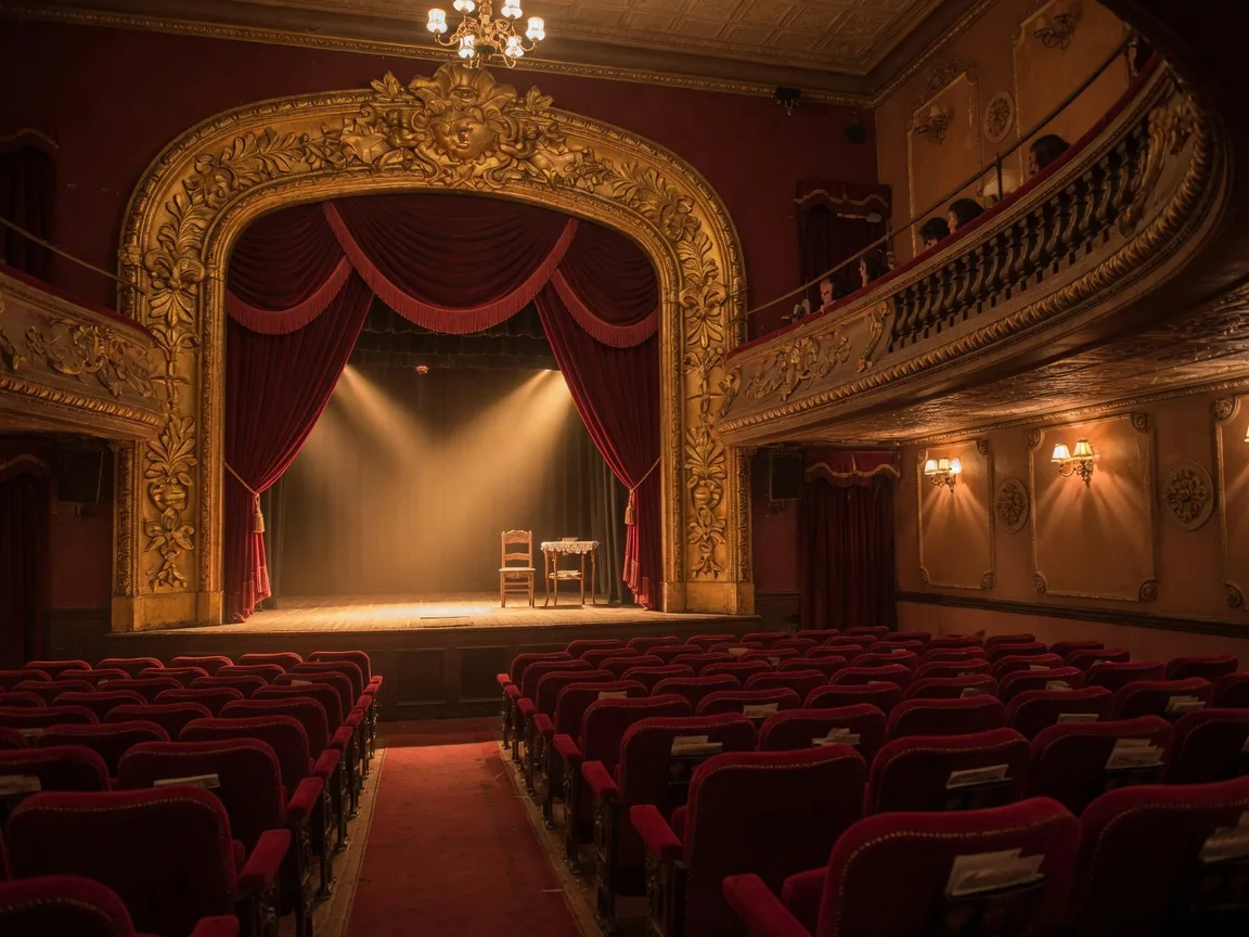 Warm-lit intimate theater interior with red velvet seats