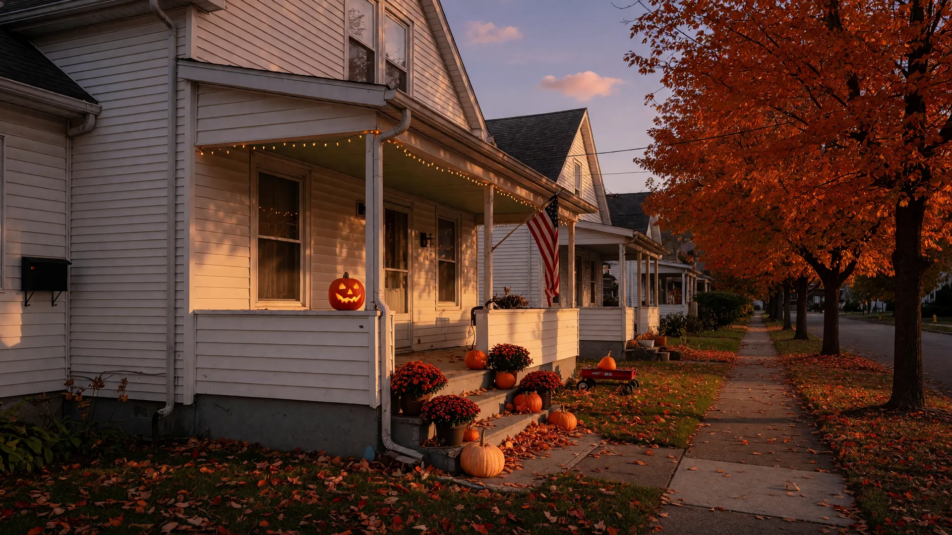 Golden late-October evening light on a quiet small-town Pennsylvania street, with a porch decorated with pumpkins, mums, and a glowing jack-o'-lantern beneath maple trees in peak fall color