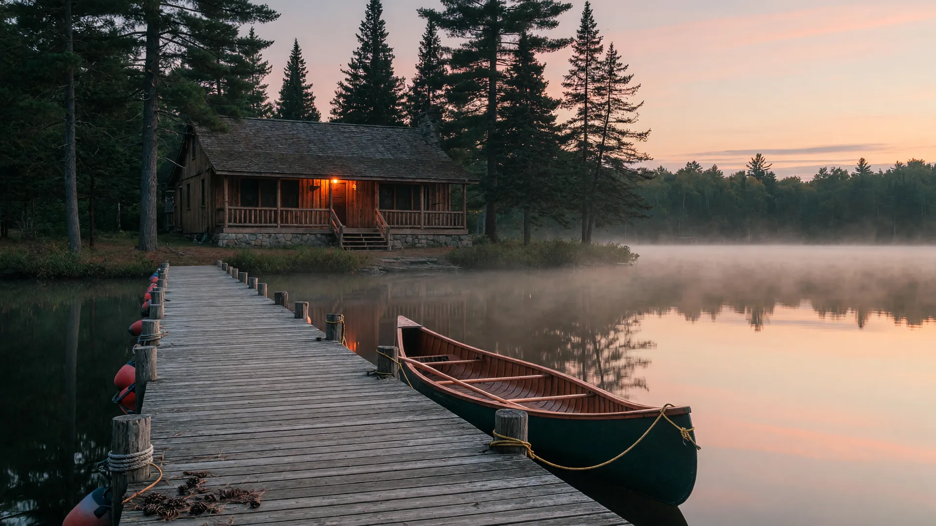 Classic resort lake at sunrise near Longville, Minnesota