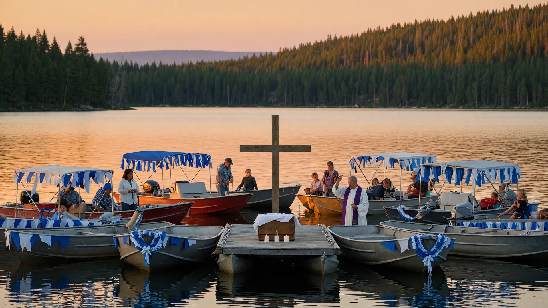 A flotilla of boats gathered on Lake Hartwell at golden hour for the annual Blessing of the Fleet ceremony
