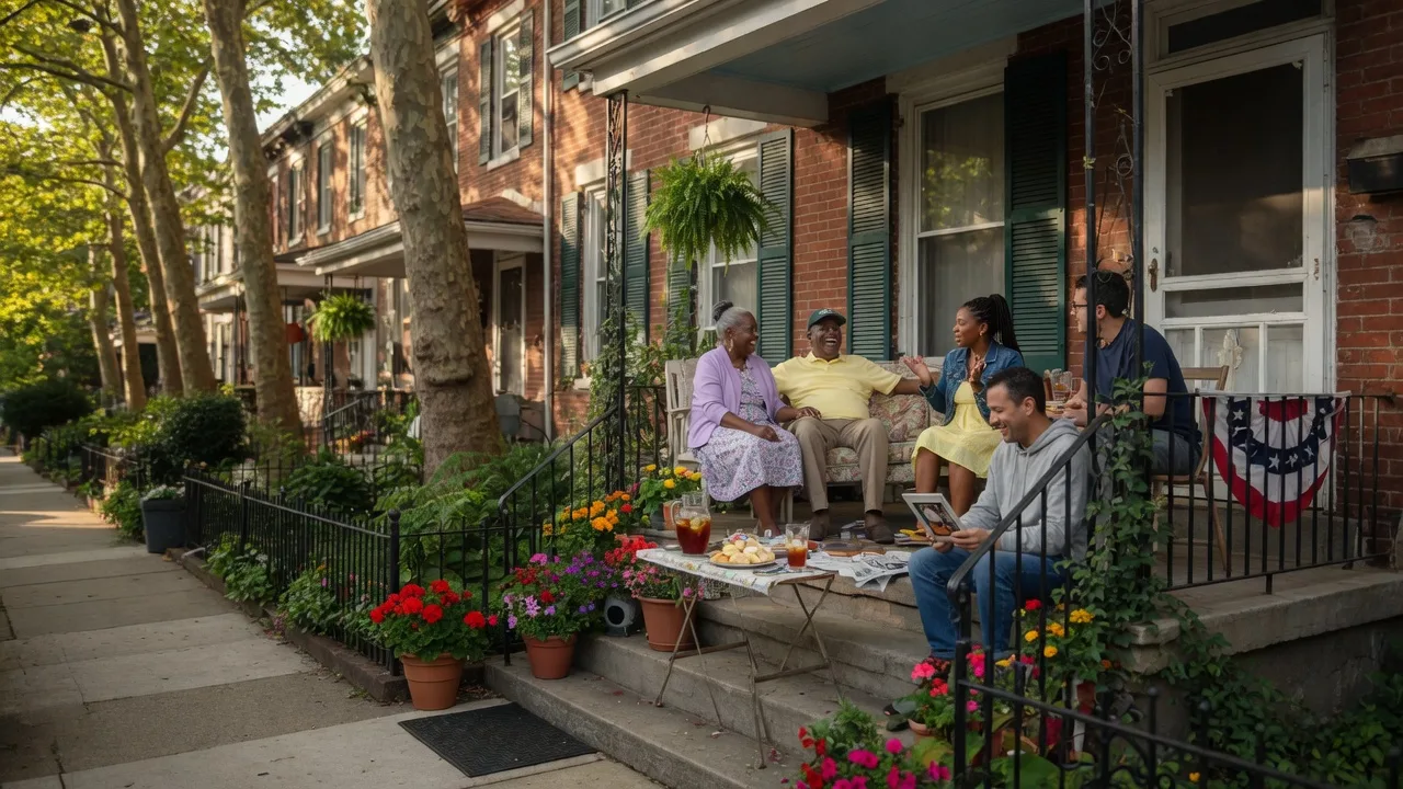 Multi-generational family on a Philadelphia porch during golden hour