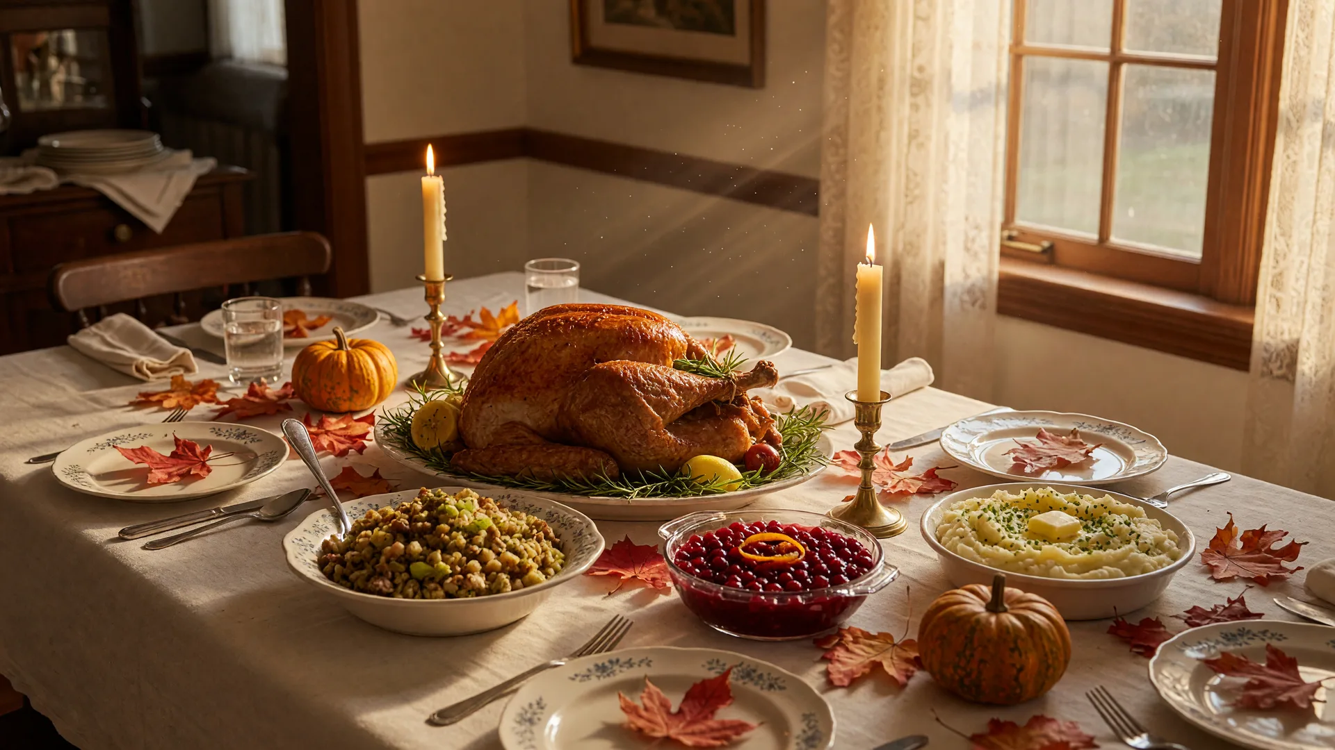 A warm Thanksgiving dinner table with a golden roasted turkey, autumn leaves, candles, and a pumpkin by a window