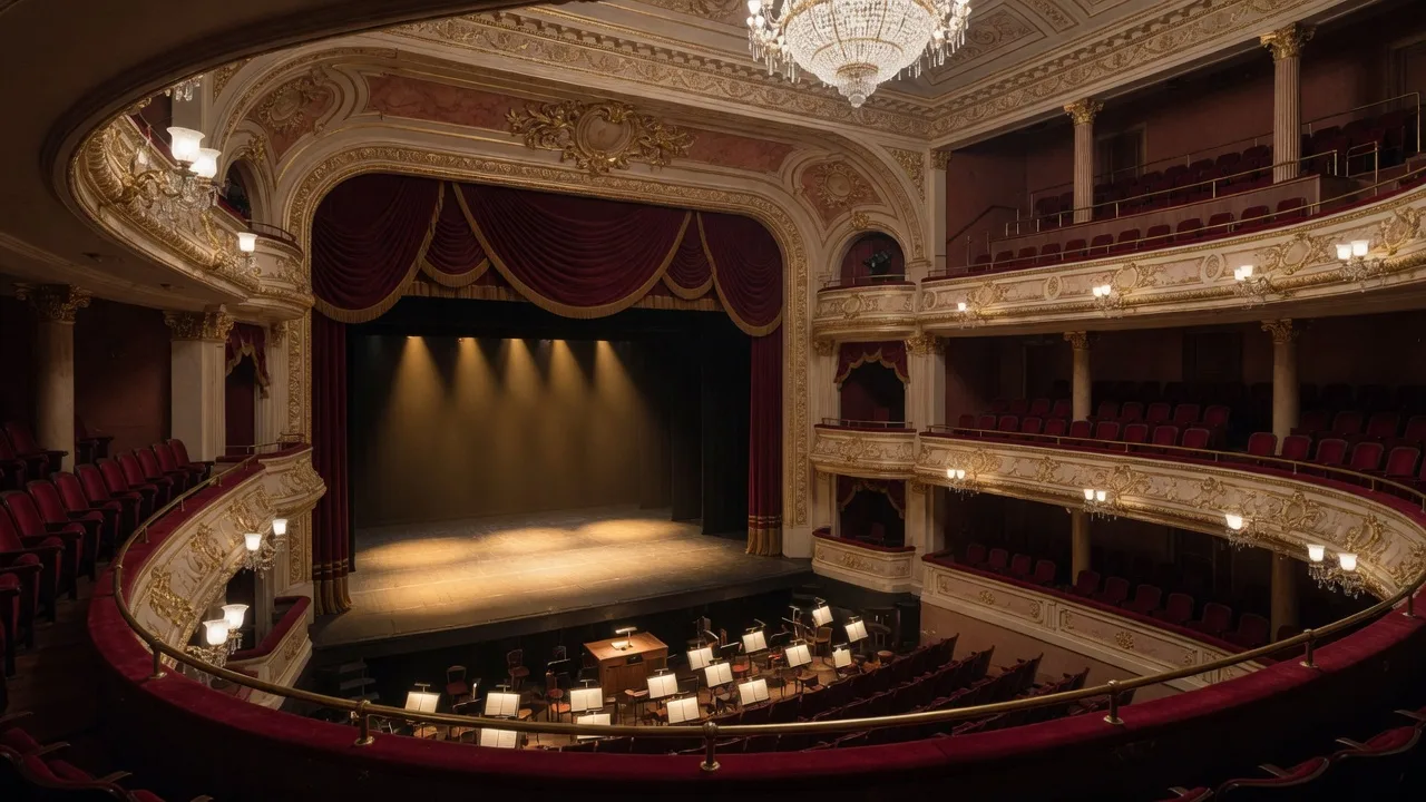 Chapman Music Hall at the Tulsa PAC with a warmly lit stage, burgundy curtains, and the orchestra pit ready for Tulsa Ballet's Swan Lake