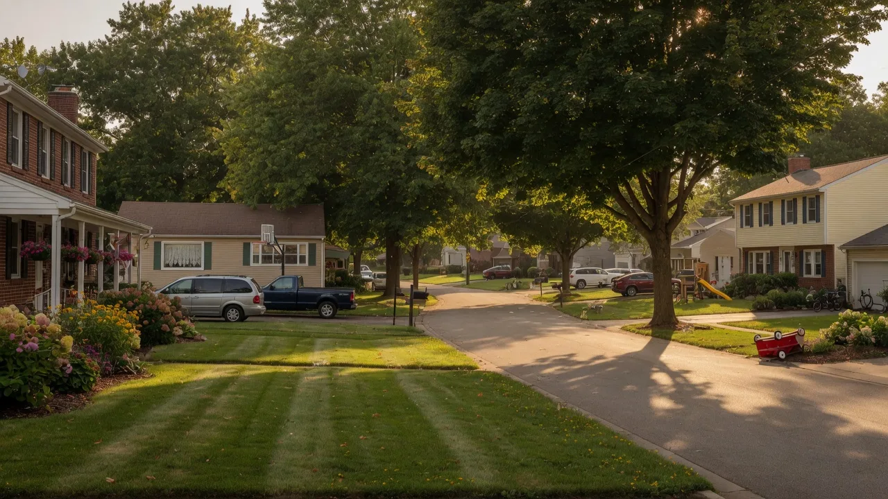 North Royalton Ohio suburban neighborhood with tree-lined streets and Colonial-style homes
