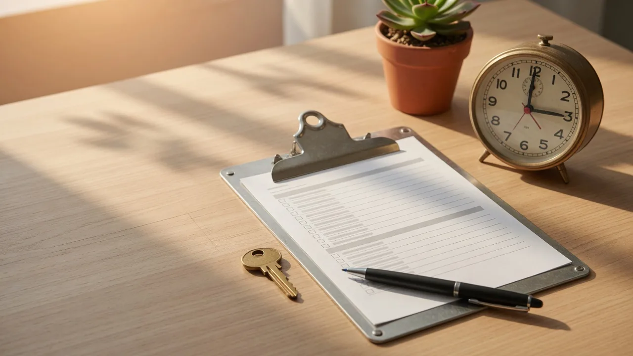A steel clipboard with a blank inspection checklist sheet, a brass house key, and a vintage alarm clock on a light oak desk in warm window light, representing a first-time buyer clearing inspection hurdles on a timeline that held