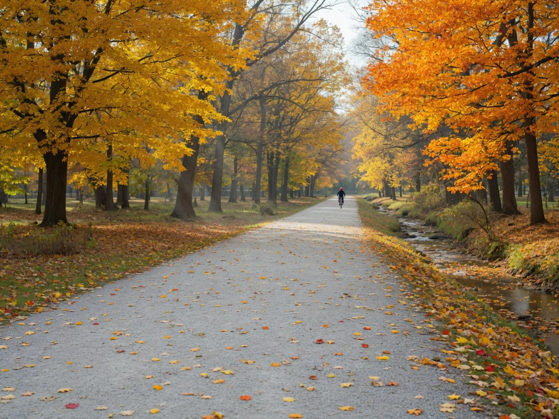 A flat gravel trail through autumn woods in a Philadelphia park, yellow and orange leaves framing the path with a creek seen through the trees