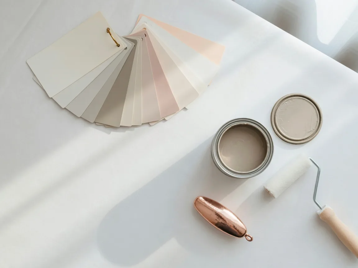 Warm neutral paint swatch cards fanned beside an open can of greige paint and a clean roller