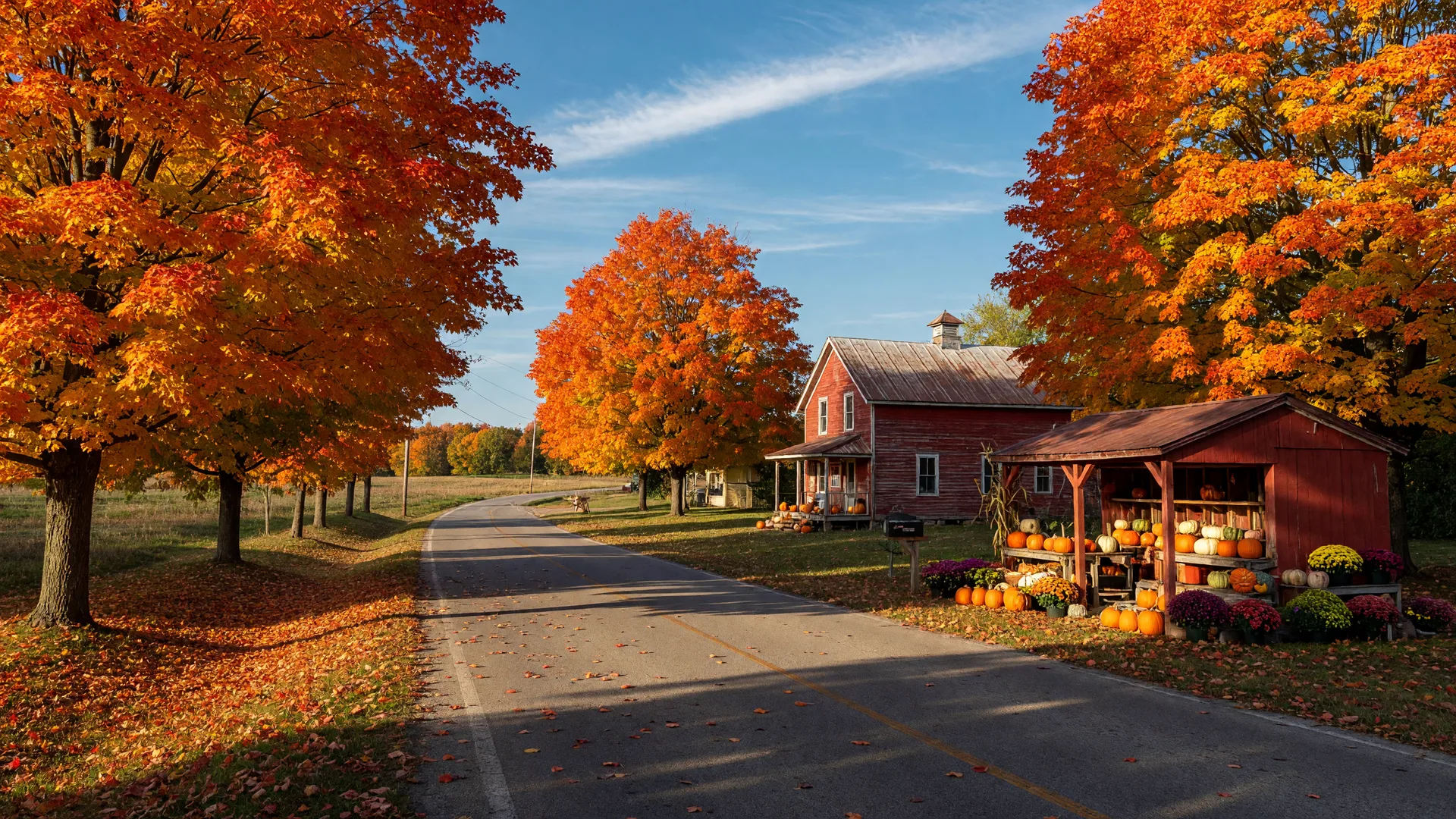 A quiet country road in Mid-Michigan curving through sugar maples at peak October color, with a red farmhouse and a roadside stand of pumpkins and mums in golden late-afternoon light