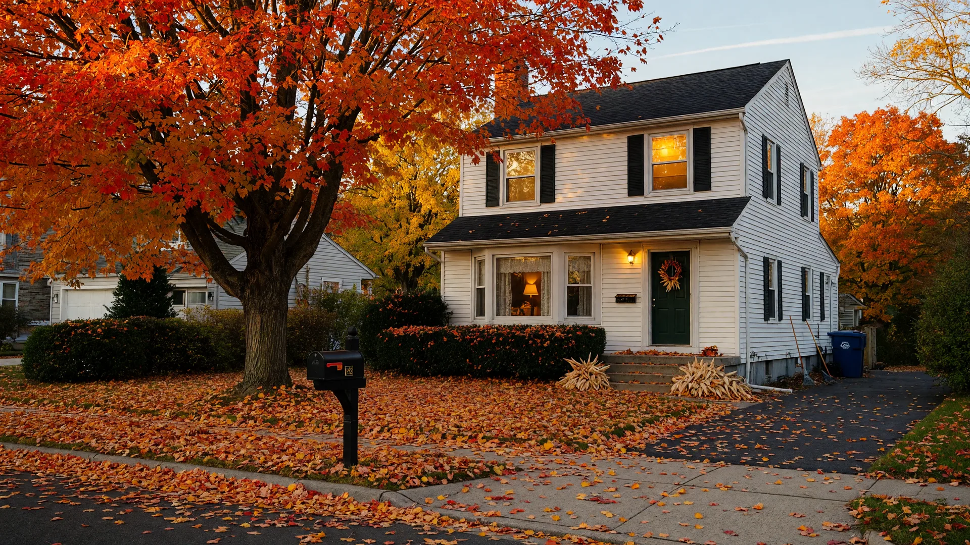 Charming suburban home in Burlington County surrounded by vibrant red, orange, and golden autumn foliage on a crisp fall afternoon