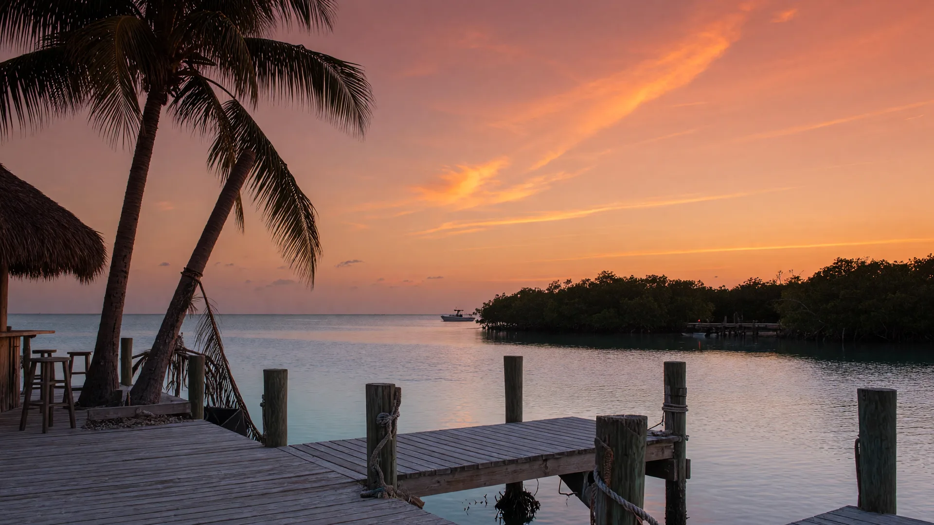 Golden sunset over Florida Bay in the Florida Keys, with a weathered wooden dock and silhouetted palm trees framing the warm coral sky above calm turquoise water