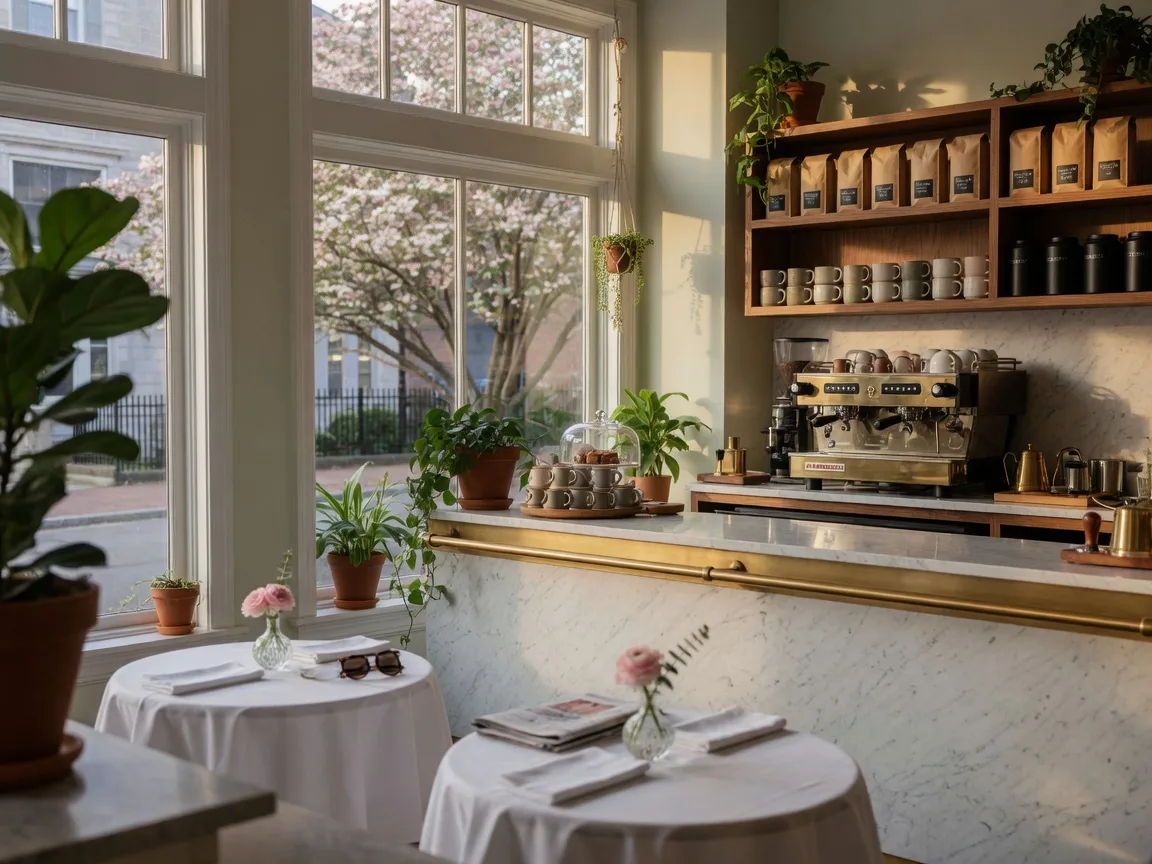 The warm interior of a Main Line coffee workshop with a brass espresso bar and marble counter
