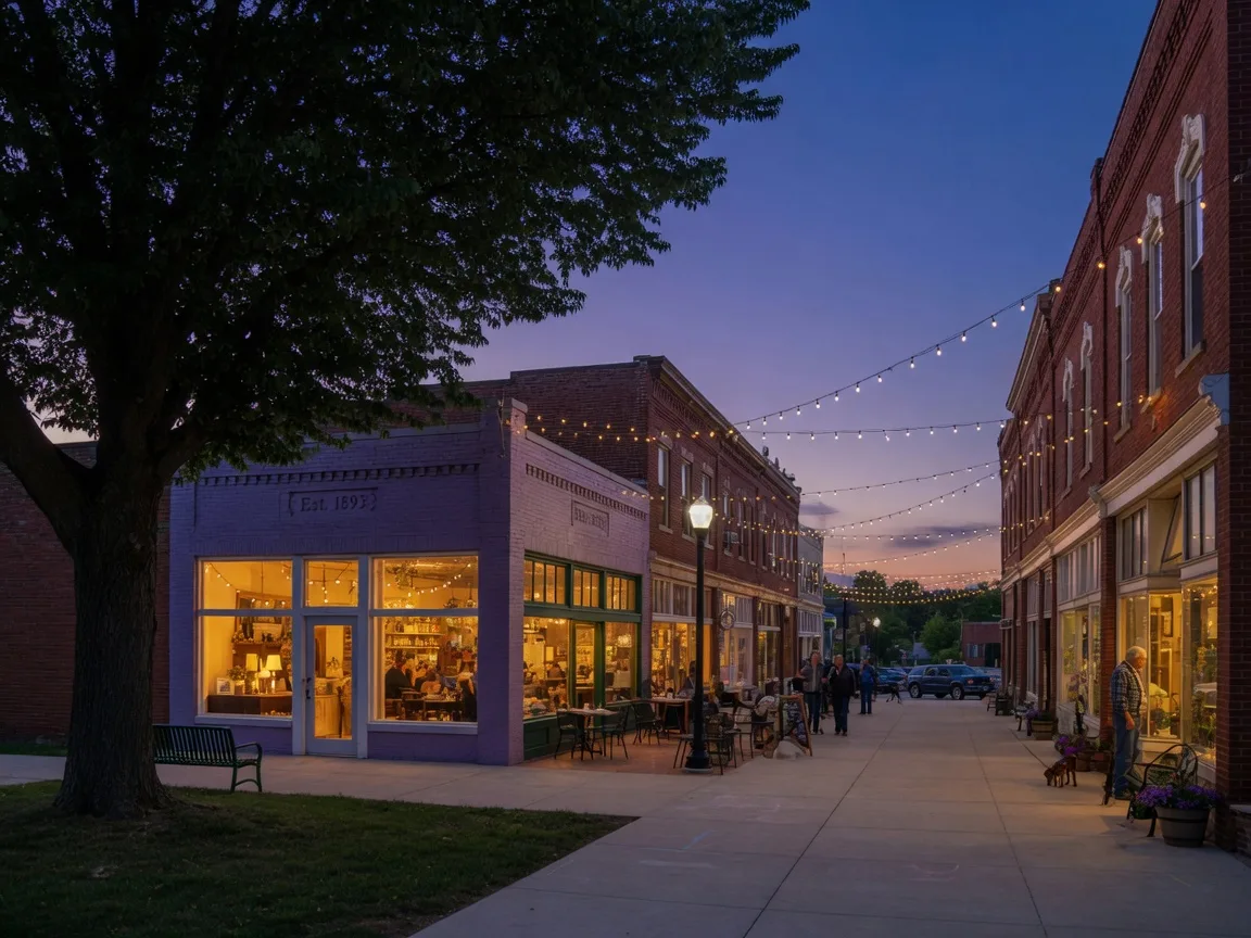 A historic small-town Missouri square at dusk with glowing brick storefronts, string lights, and a mature shade tree