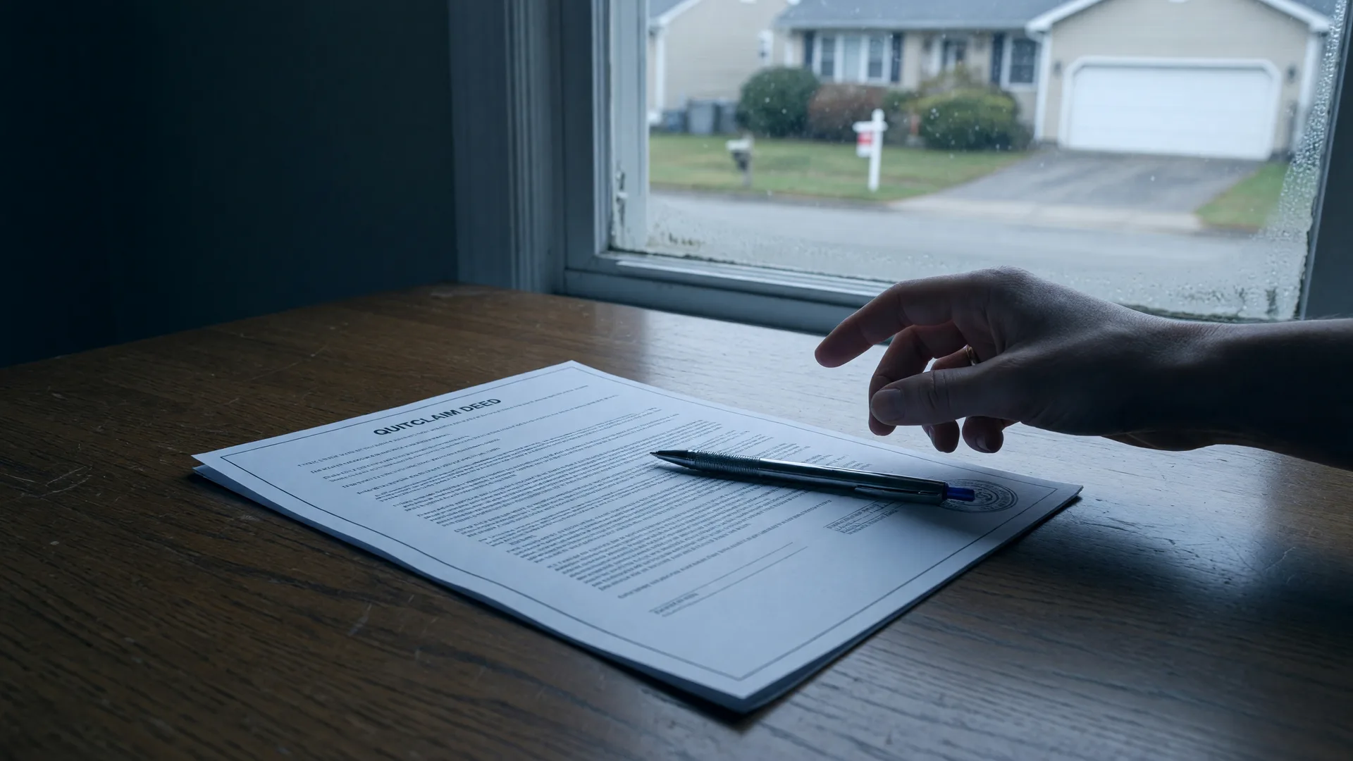 Hand preparing to sign a quitclaim deed document with a home visible through the window