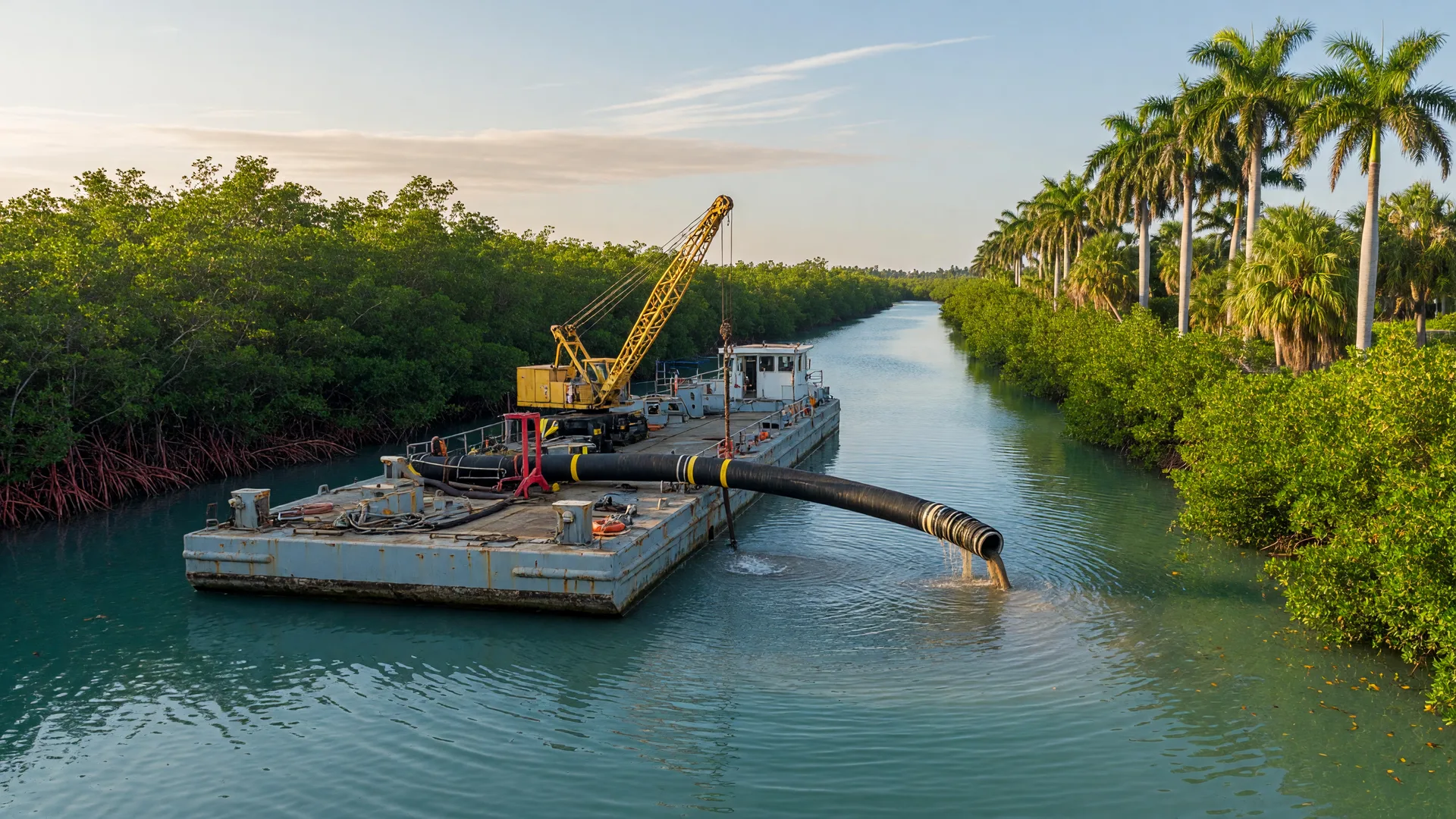 A dredging barge working in a calm South Florida canal lined with mangroves and palm trees