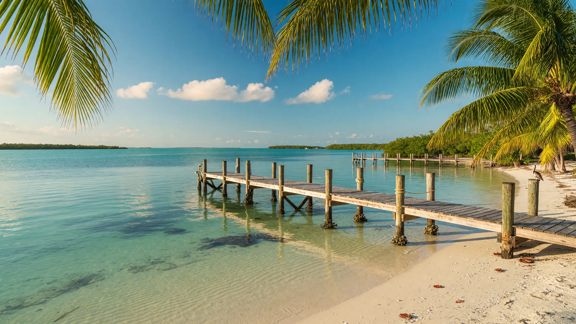 Bright turquoise Florida Keys shoreline with a weathered wooden dock and palm trees on a sunny early October morning