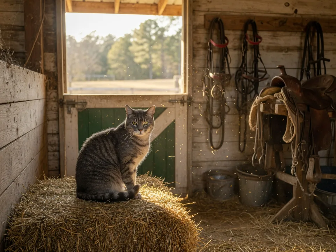 A grey tabby barn cat sitting on a bale of hay inside a horse barn stall in Aiken, South Carolina, with warm afternoon light streaming through the open Dutch door and tack softly blurred behind it