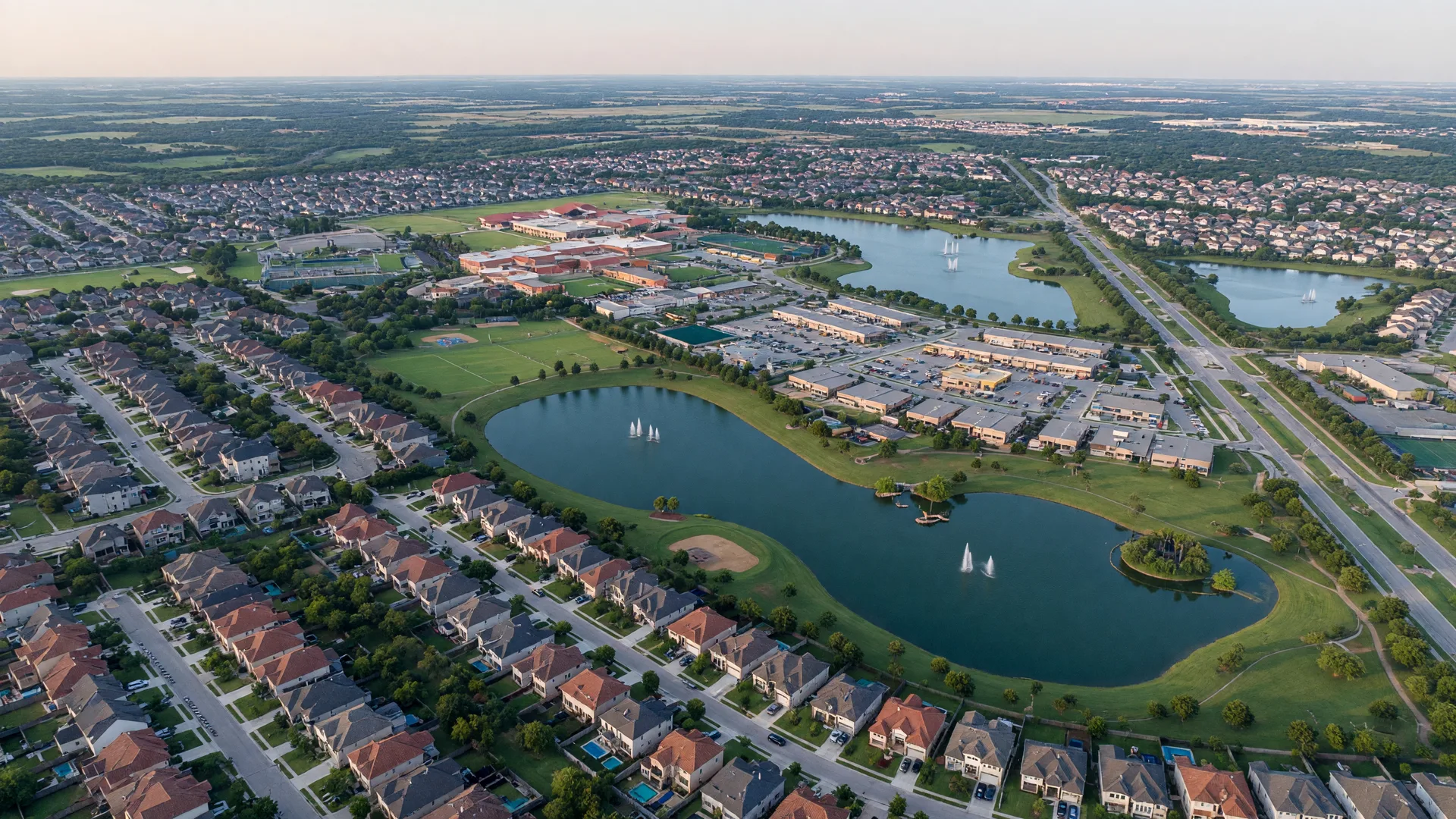 Illustrative aerial view of a Katy-area master-planned community with lakes and parks