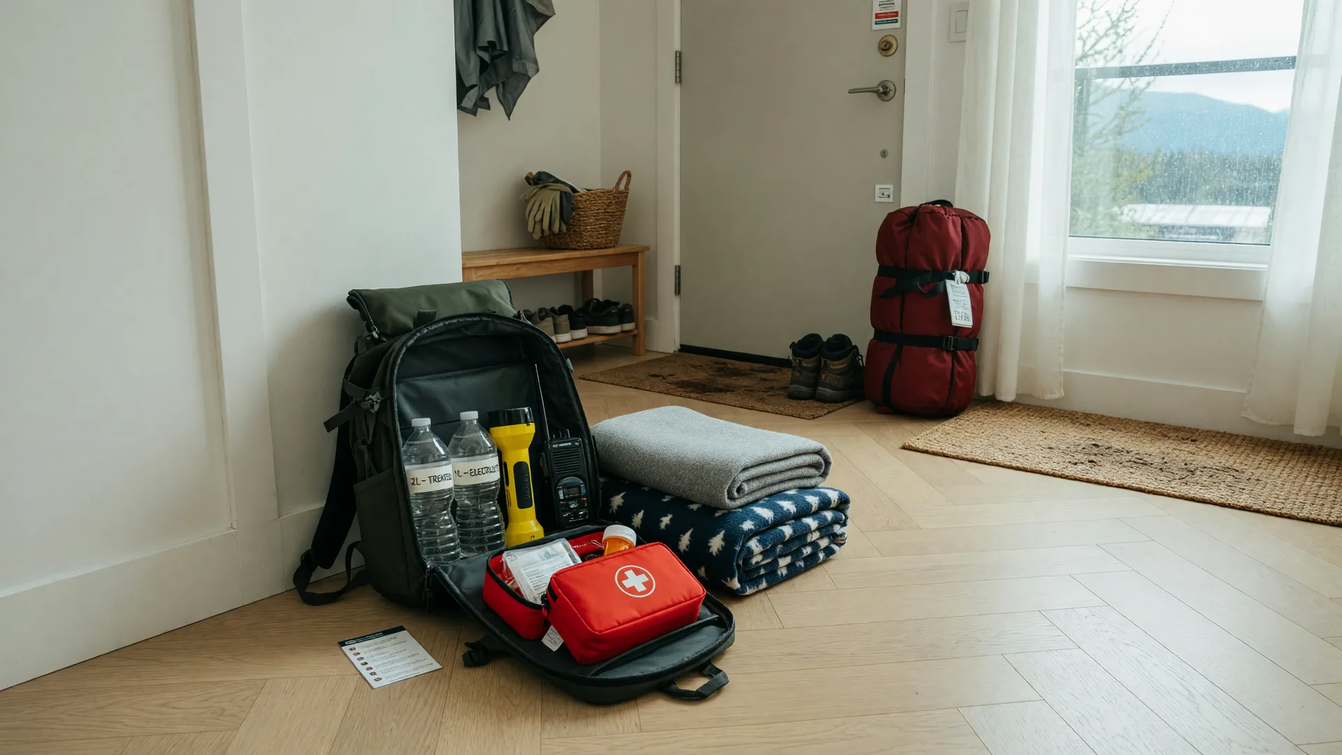 An organised emergency kit with a backpack, water, a flashlight, a radio, and a first aid kit arranged by the door of a bright modern condo