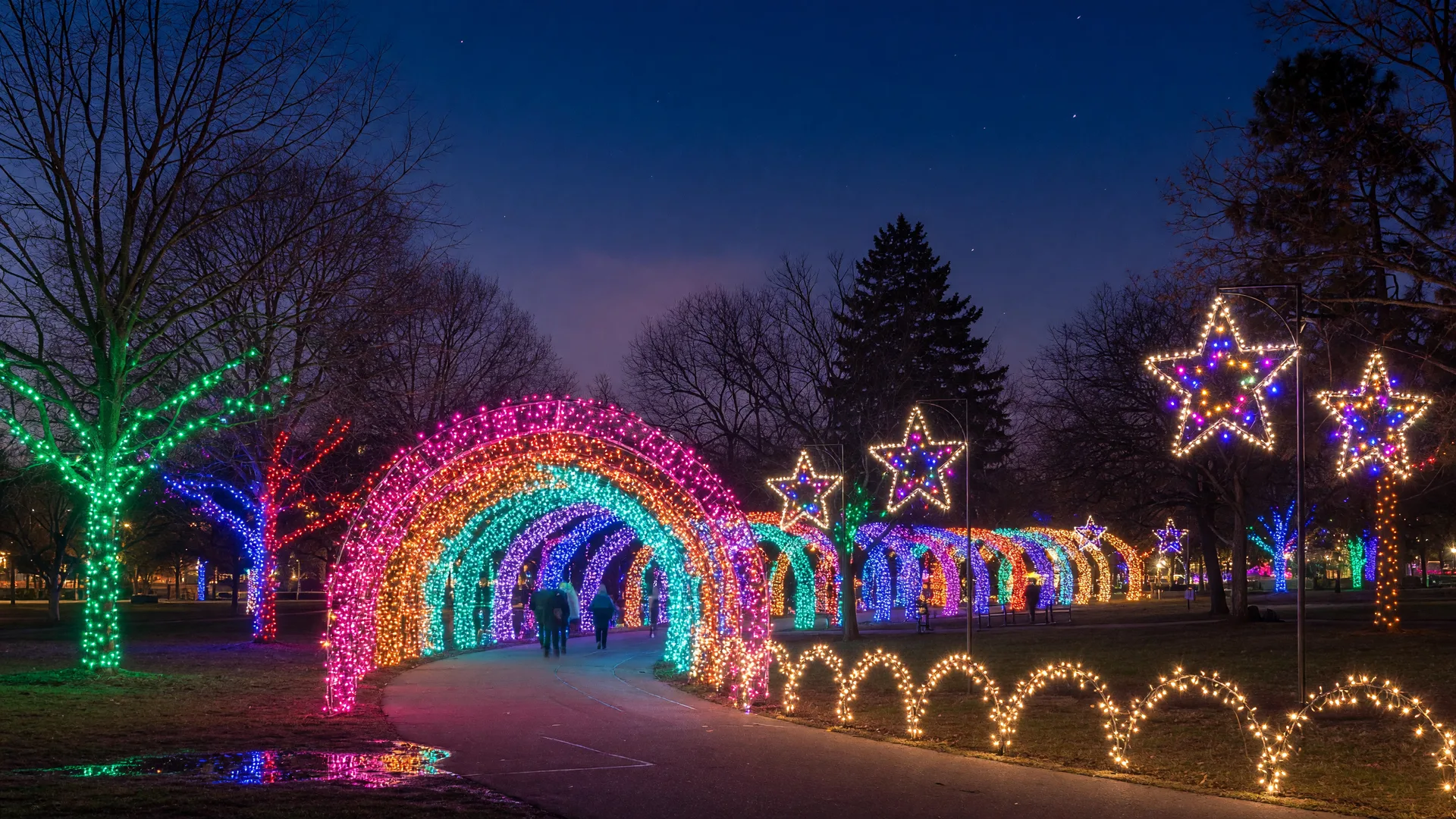 A glowing outdoor holiday light display at Elmwood Park Zoo in Norristown, Pennsylvania