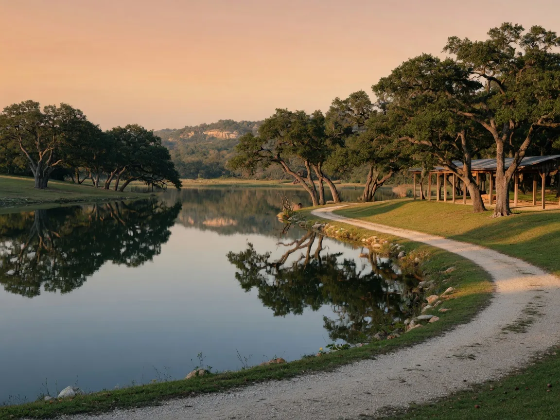 A quiet Hill Country lake at golden hour with trees along the shoreline and a pavilion at the edge of a grassy area