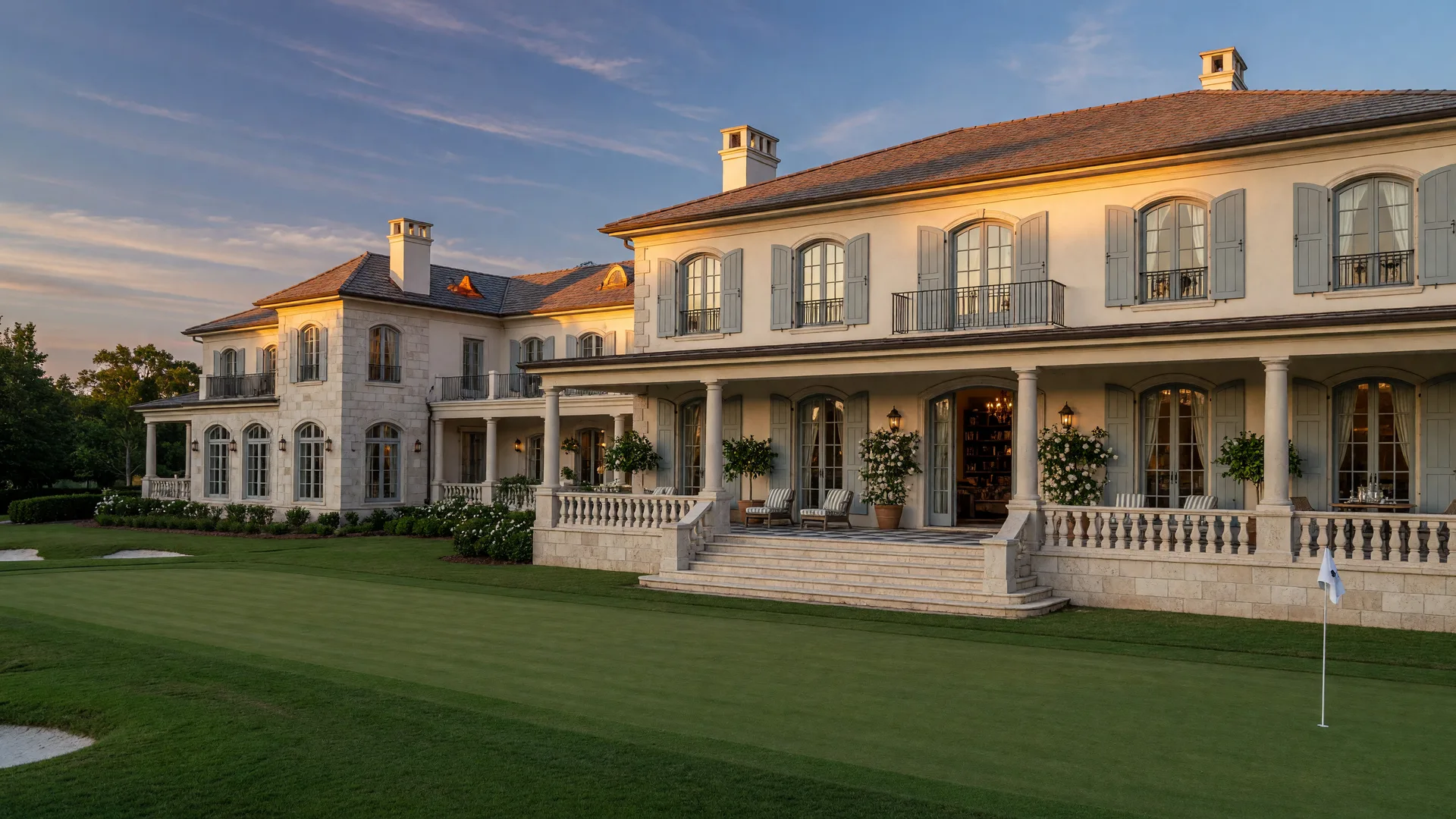Luxury French-inspired estate home on a manicured golf course fairway at golden hour, representing shared luxury home ownership