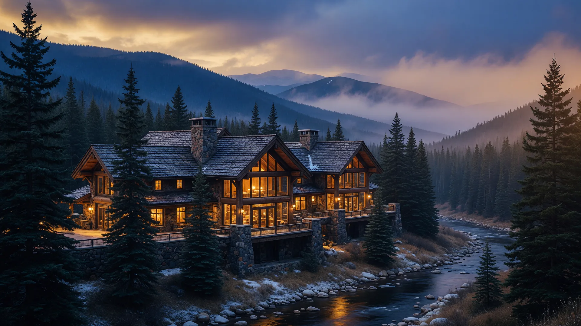 A timber lodge with warm lit windows among tall pines at blue-gold dusk over the Rogue Valley