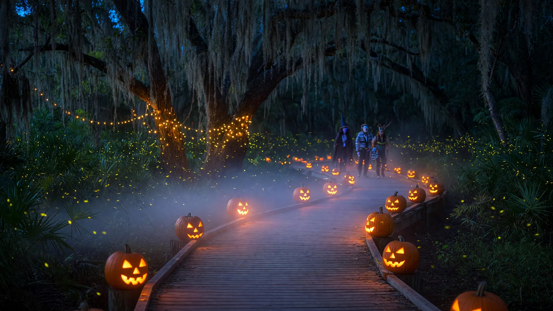A haunted nature trail at night with a winding boardwalk lined with carved glowing pumpkins, Spanish moss on the oak trees, and soft jack-o'-lantern light in the dark
