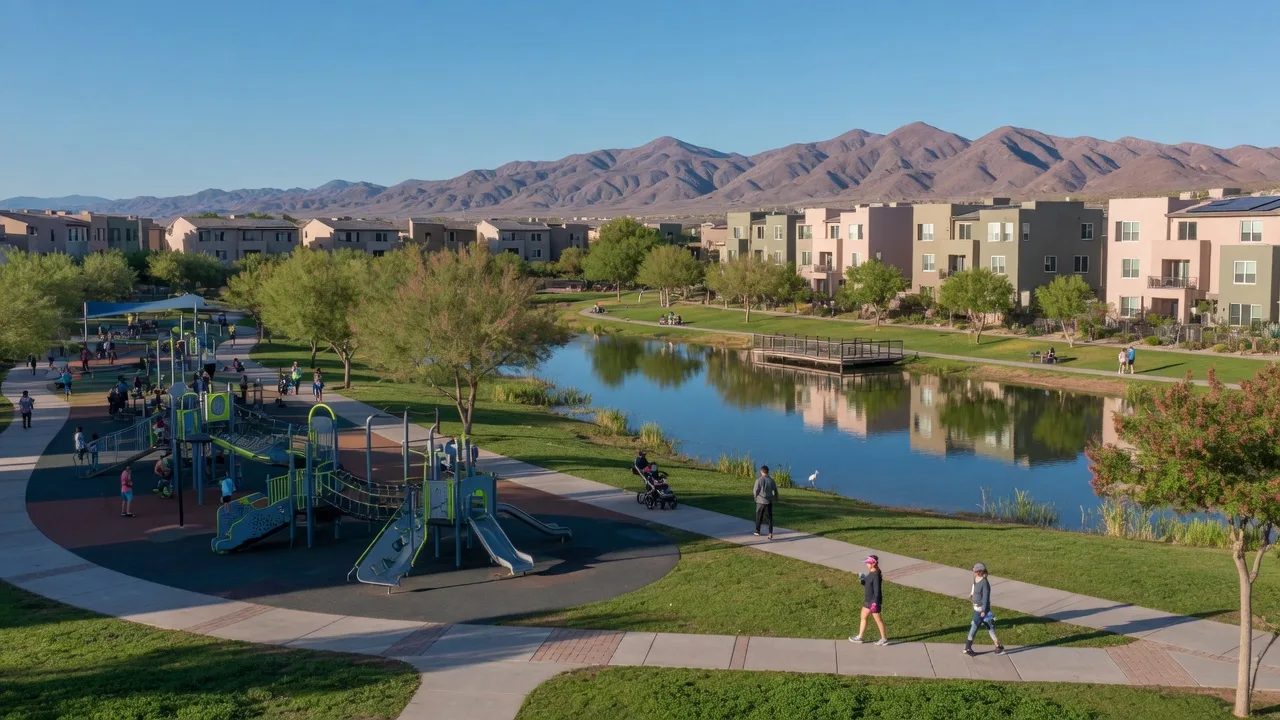 A large community park with a playground, scenic pond and walking paths in a Cadence style master-planned community, with modern homes beyond